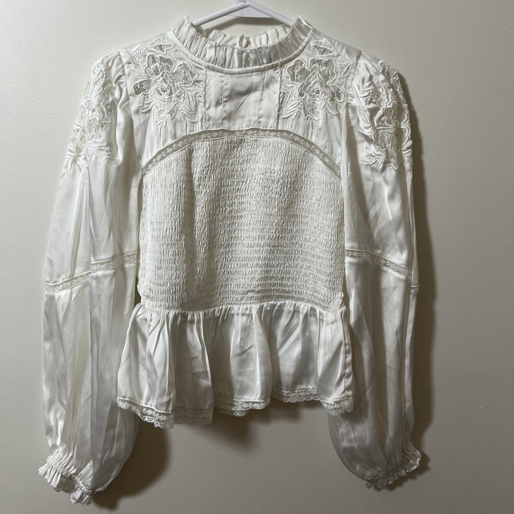 Anthropologie Top XS White Satin Smocked Peasant Floral Lace Victorian Vibes